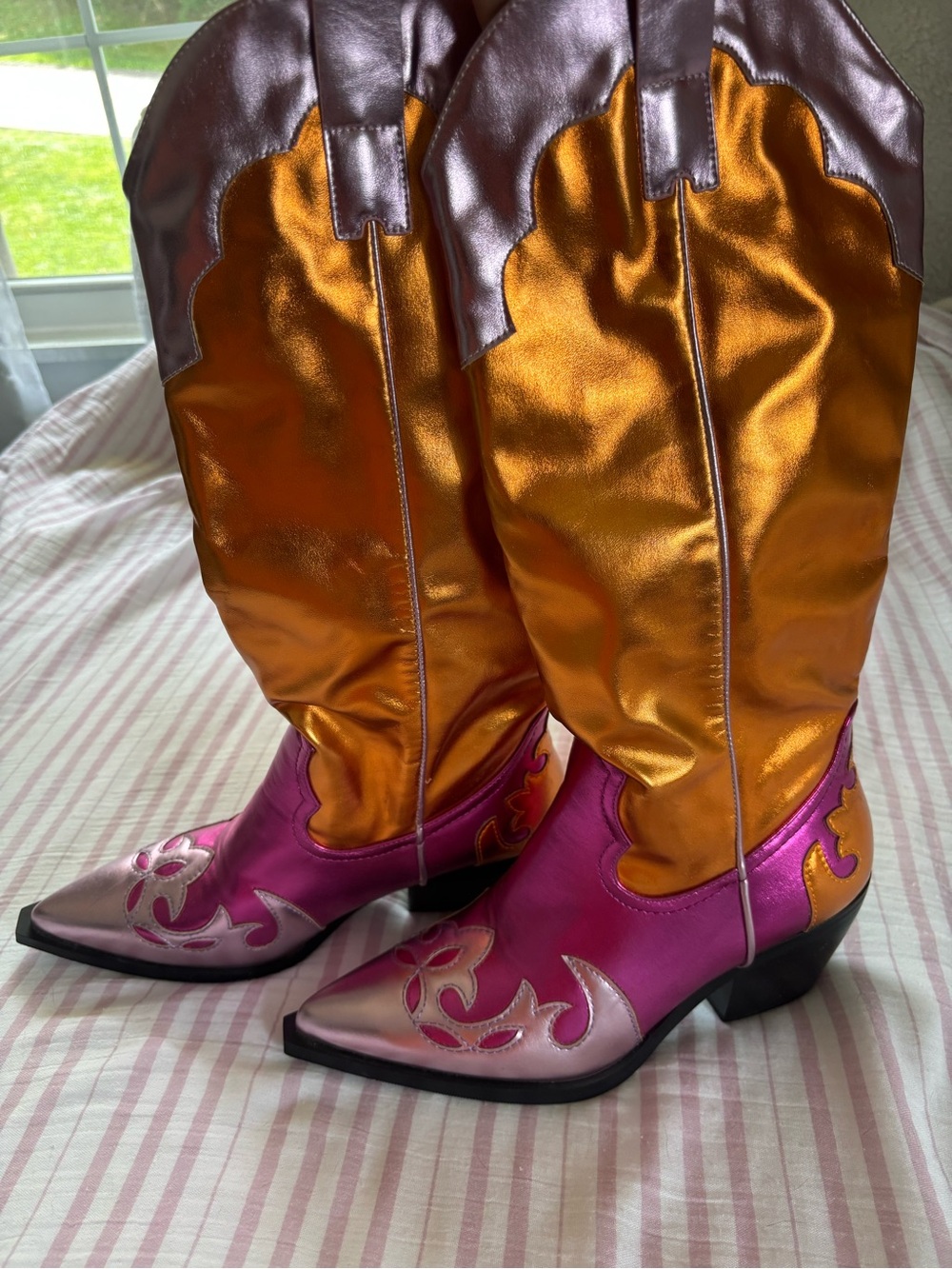 Azalea Wang Hendrix Pink and Orange Metallic Boots - Picture 3 of 6